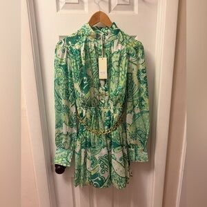 The Clothing Company Green and White Paisley Dress w/ Gold Chain Belt detail